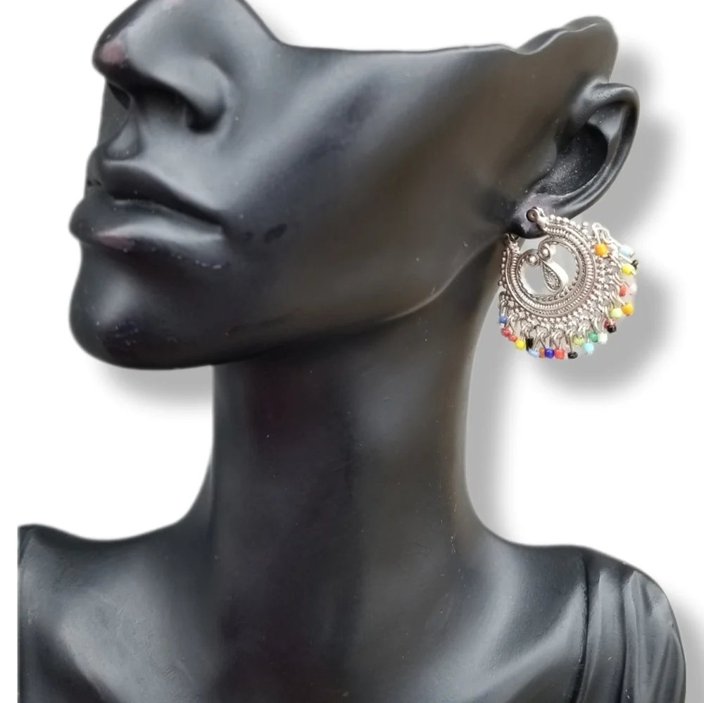 NANCY & RISE VINTAGE COLORFUL BEADED FRINGE & SILVERTONE BOHO STYLE EARRINGS